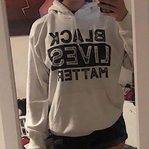 blm white hoodie with black words